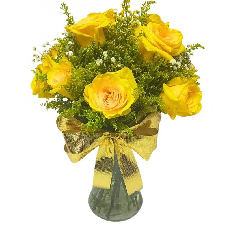 Arranjo com 12 Rosas Amarelas no Vaso de Vidro